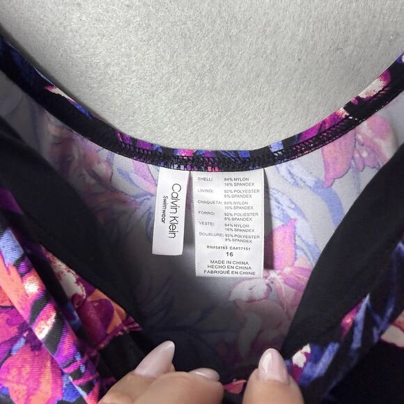 Calvin Klein Floral Print Pink Black One Piece Swimsuit Bathing Suit Size 16 - Picture 6 of 12